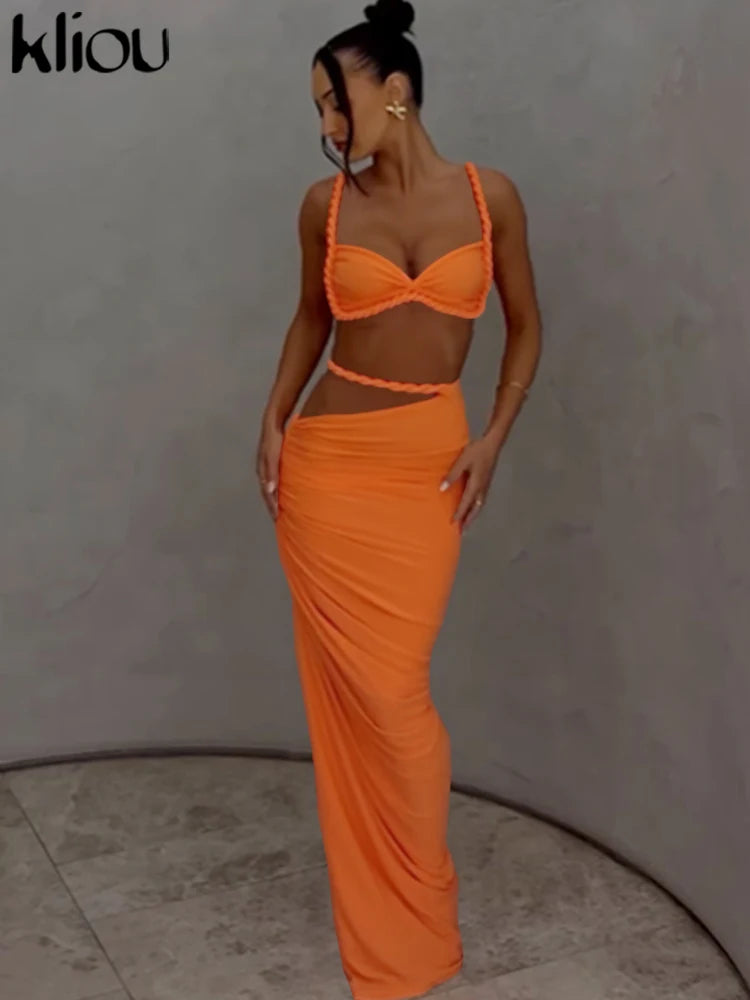 NIEW Arrivals Woven Sexy Women Stunning Hot Solid Pleated Crop Camisoles +High Waist Maxi Skirts Female Trend Vacation Outfit