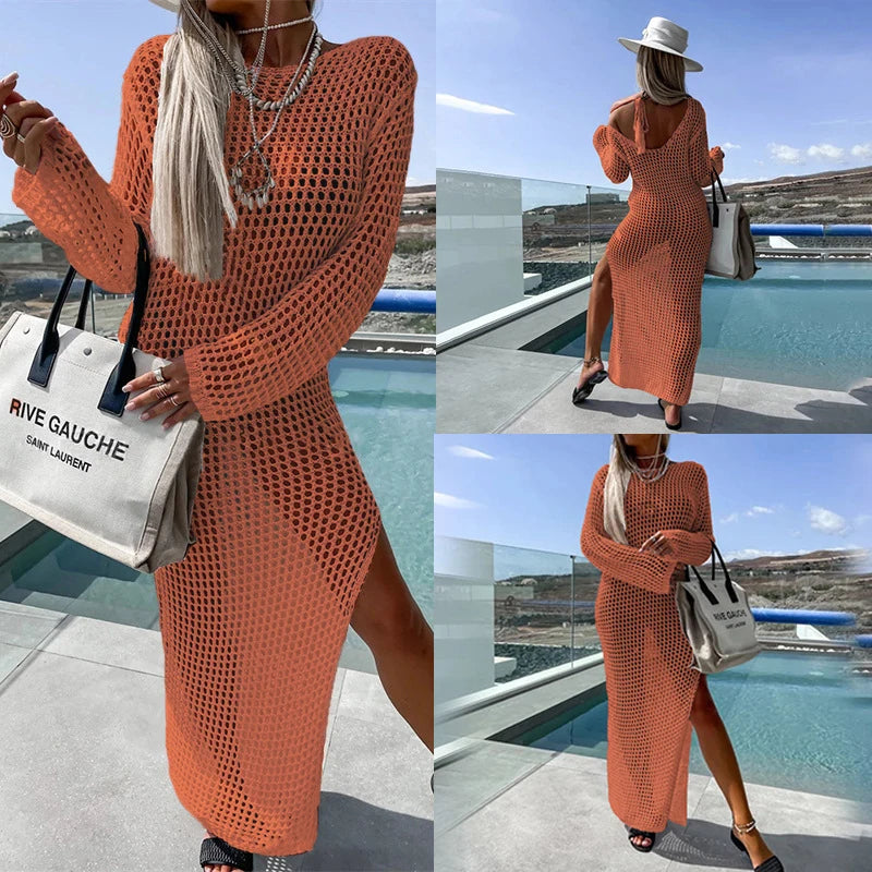 NEW Arrivals 5 Colors Sexy Casual Women's Beach Holiday Style Fishing Net Hollow Crew Neck Long-sleeved Bikini Swimsuit Fishnet Cover Up Split Maxi Dress