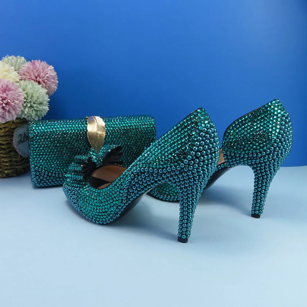 New Arrival Teal Luxury Blue Crystal Women Wedding Shoes Set with Matching Bags Peep Toe High Heels Pumps Open Toe Shoes and Purse Evening Party Night Business Dinner Apparel Accessories Ladies Luxury Fashion Clothing Suppl