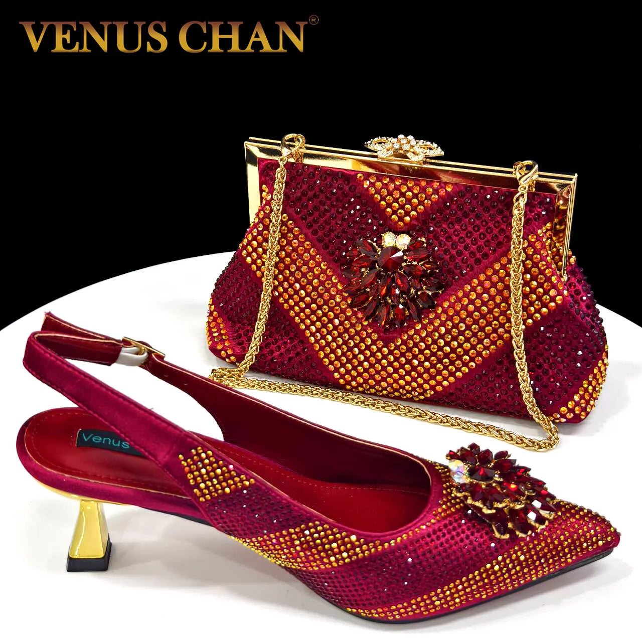 NEW Arrivals 8 Colors Italian Design Rhinestone Luxury Wine Colour Pointed Toe Shoe & Bag Matching Set Women's High Heels Night Club Business Dinner Evening Wedding Birthday Party Ladies Luxury Fashion Apparel Accessories Set