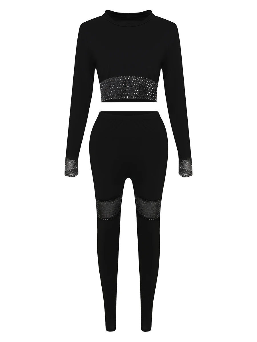 Plus Size Casual Elegant Women Outfits Autumn Long Sleeve Round Neck Crop Top See Through Sequin Skinny Y2K Pants Set