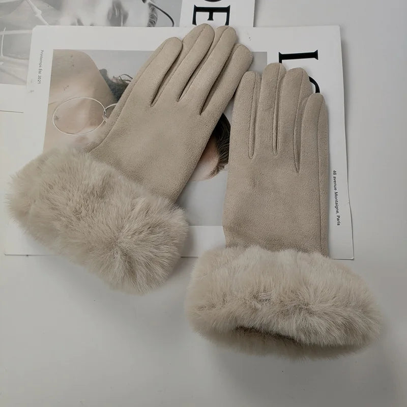 NEW Arrivals 18 Colors Women Faux Rabbit Fur Wrist Suede Leather Touch Screen Driving Glove Winter Warm Plush Thick Full Finger Cycling Black Mitten H92 Women Ladies Luxury Fashion Apparel Accessories