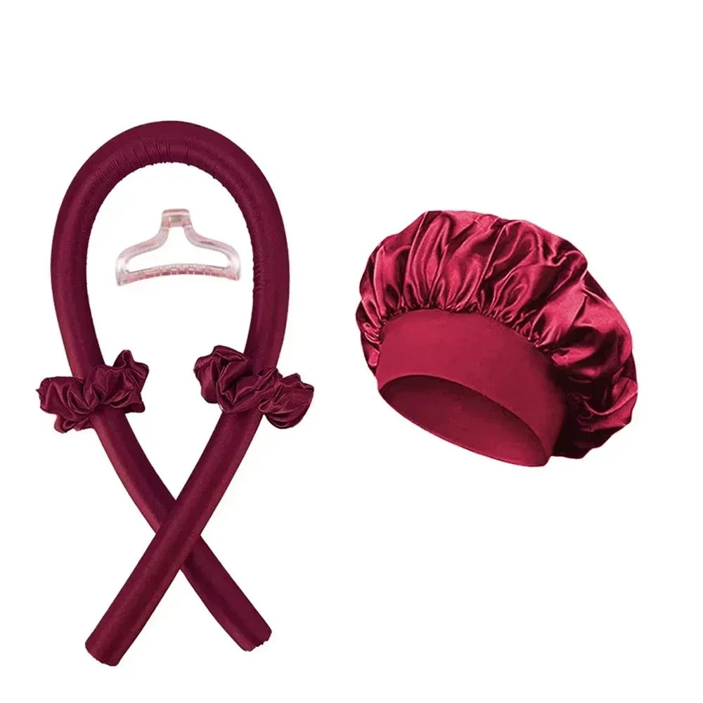 NEW Arrivals 2PCS Set Wine Red/Pink/Black Heatless Curling Rod Set Satin Nightcap for Women No Heat Hair Rollers Sleeping Soft Headband Styling Tool Lazy Curls Ladies Hair Care Accessories