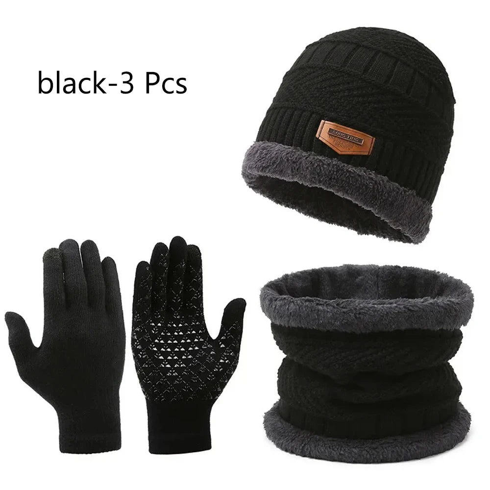 3 PCS Set Winter Fleece Thicken Windproof Hat Gloves Scarf Set Plush Warm Wool Knit Beanies for Men And Women