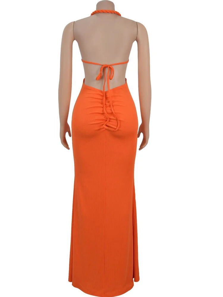 NEW S-2XL UK Plus Size 6 Colors Women's Cut-Out Ruched Maxi Dress Sexy Halter Neck Backless High Slit Bandage Party Dresses Birthday Outfits