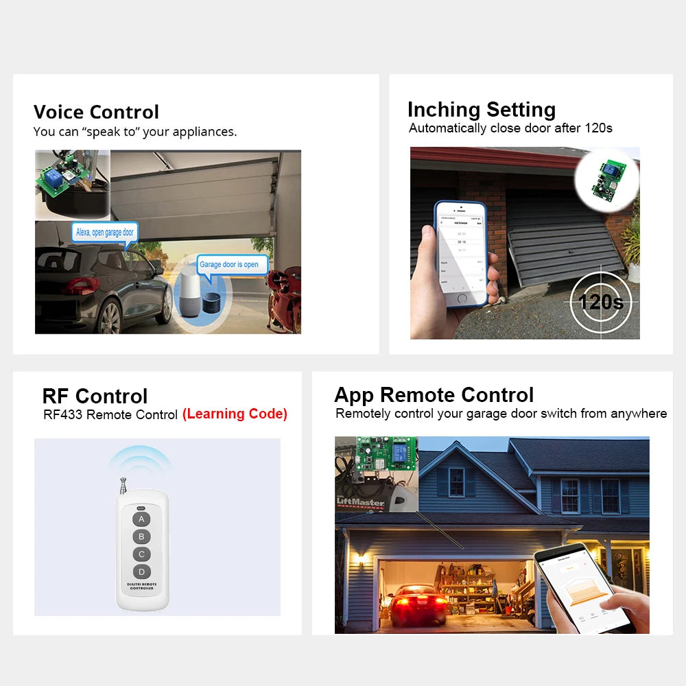 TUYA Smart WIFI 2.4G Garage Door Opener Controller Open & Close by Phone APP And 433 Remote Compatible Alexa & Google Home