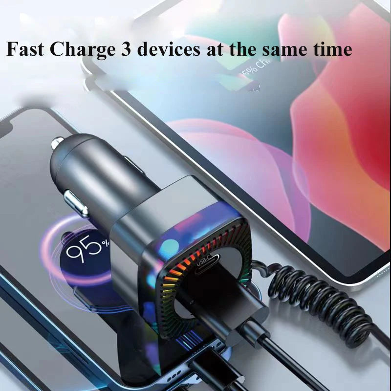 280W USB C Car Charger Adapter with Spring Cable Colorful Light PD 30W 3 in 1 Super Fast Charging for Macbook Samsung iPhone