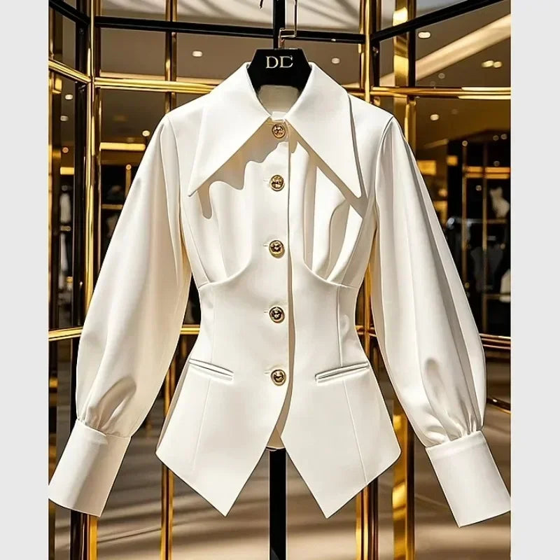 NEW Arrivals France Design Long Pointed Collar Puff Sleeve UK Size Shirts Jacket Slim Waist-Cinching Blouse Button Up White Shirt Formal Office Lady Business Dinner Shirt Ladies Luxury Fashion Apparel Accessories