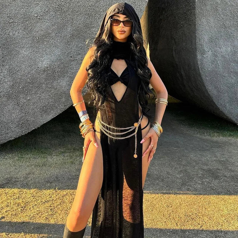 NEW Arrivals UK Size Sexy Punk Gothic Dress Women Vintage Streetwear Cyber Y2K Mesh Hollow Out Sleeveless Hooded Cut Out Butt Dress EMO Alt Grunge Clothes