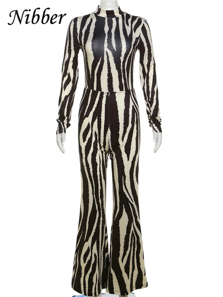 Zebra-stripe O-neck Backless Jumpsuits Women Patchwork Sexy Long Sleeve Skinny Overalls Flared Pants One Piece Clothing