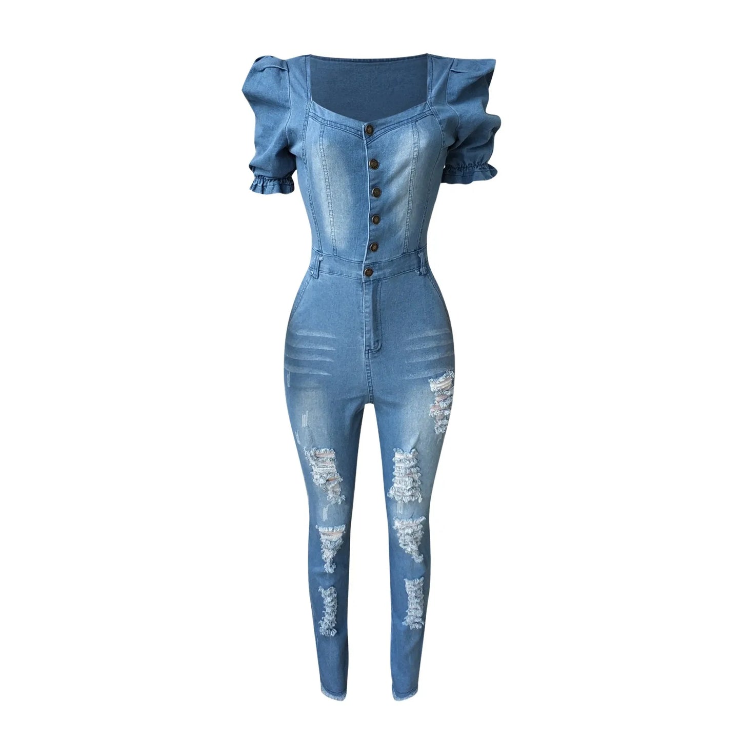 Sexy Denim Spray White Ripped Jumpsuit Women'S Jeans New Ruffle Puff Sleeves Skinny Tear Edge Denim Bodysuit For Summer