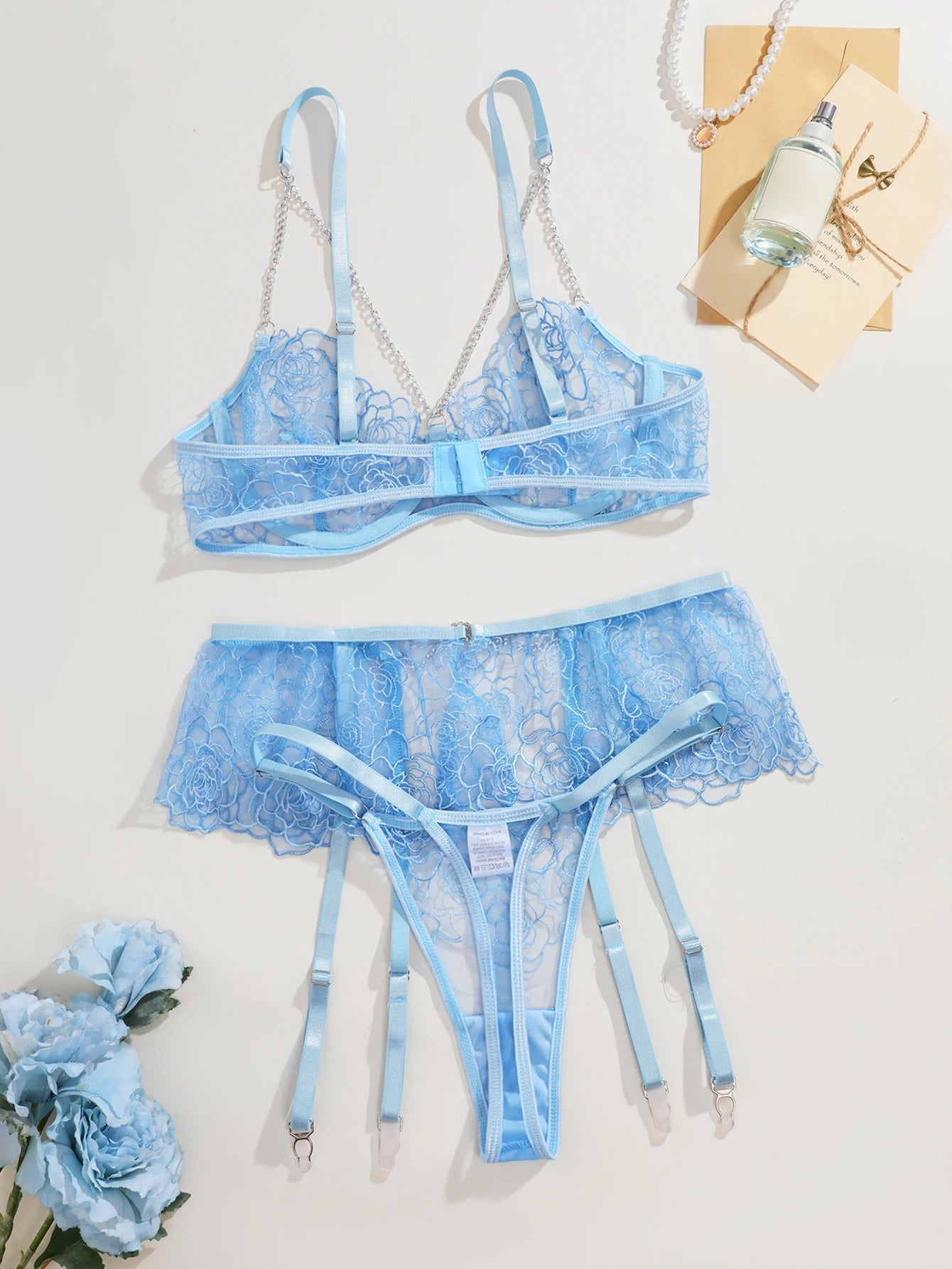3-Piece Embroidery Lace Exotic Sets Women Sexy Patchwork Lingerie Set Chain Bra Panty Tassel Underwear Kit For Female