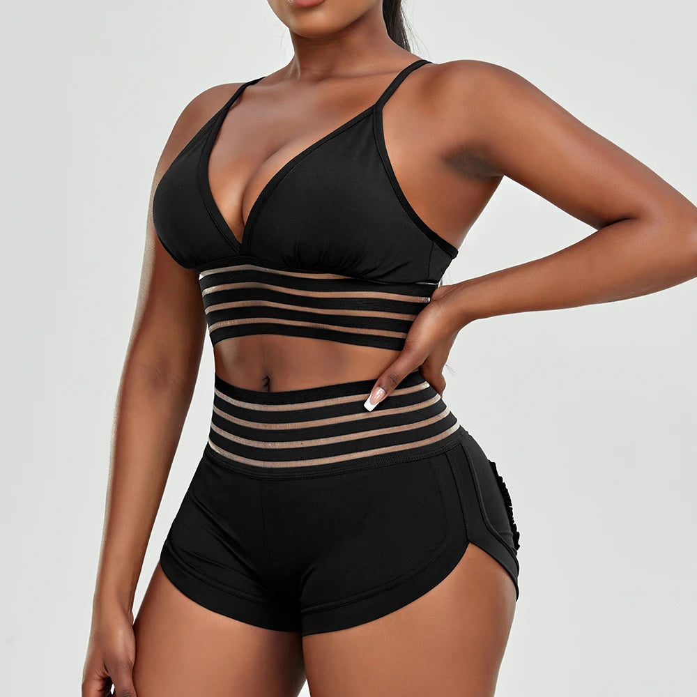 Sexy Beachwear Leopard Bralette Crop Top Shorts 2 Piece Set Women Backless Sports Bra Elastic Waistband Scrunch Shorts Yoga Suit