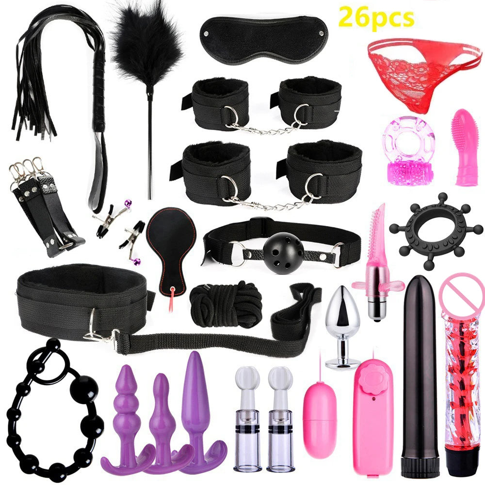 SexLove Set Kits Adults Sex Toys for Women Men Handcuffs Nipple Clamps Whip Spanking Sex Metal Anal Plug Vibrator Butt