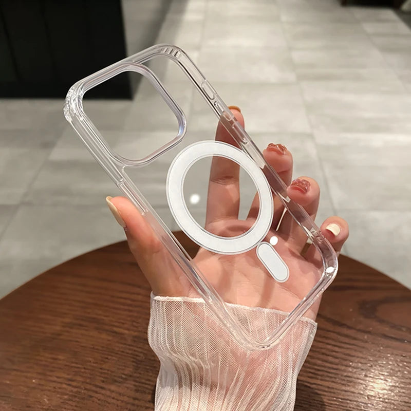 For iPhone Pro Max Magnetic Transparent Wireless Charge Case For iPhone 11 12 13 14 15 16 Pro Max Plus Mini X 7 8 Shockproof PC Cover