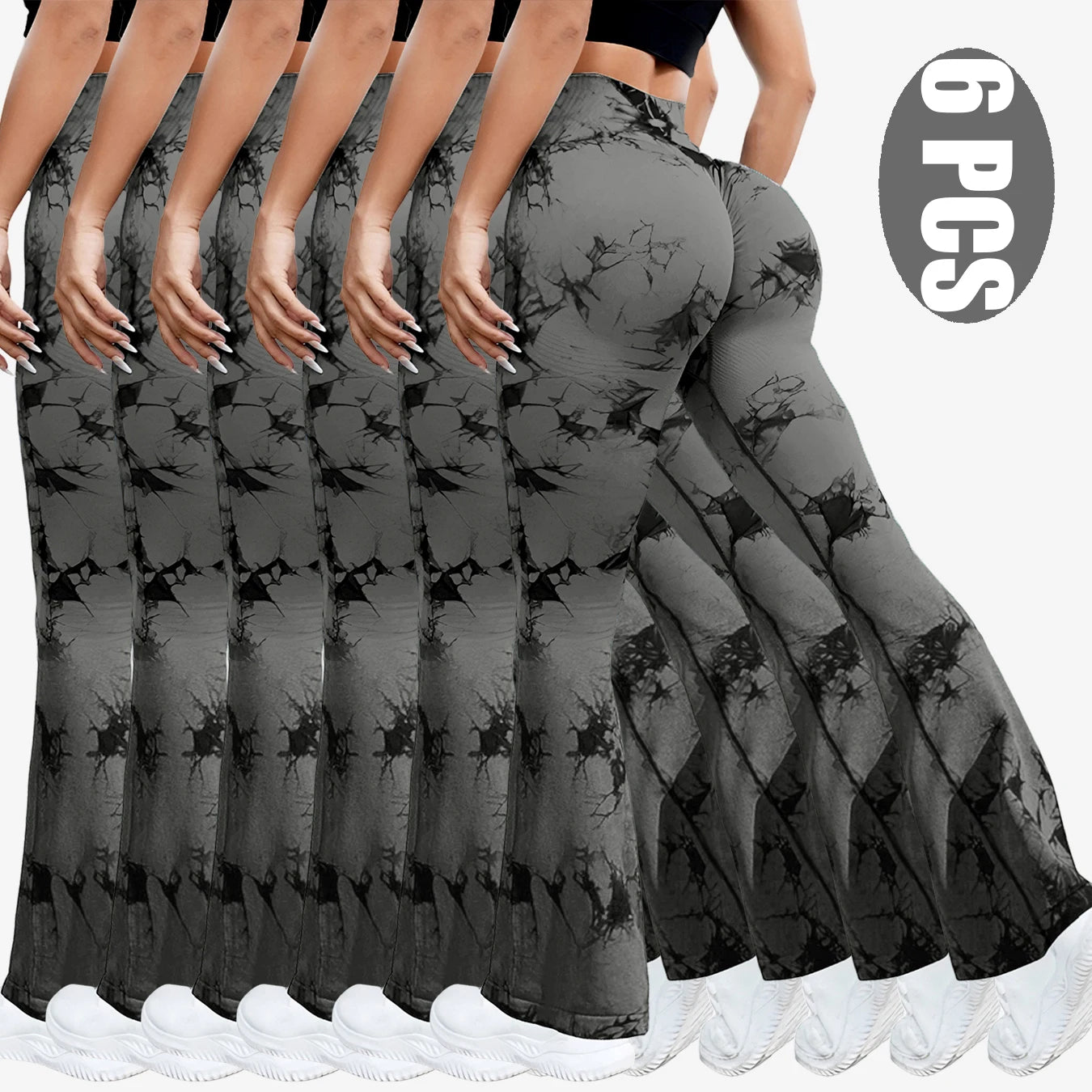 NEW Arrivals 6PCS Set Tie Dye Seamless Yoga Pants Flared Trousers High Waist Butt Lifting Sportswear Women Gym Training Fitness Sports Pants