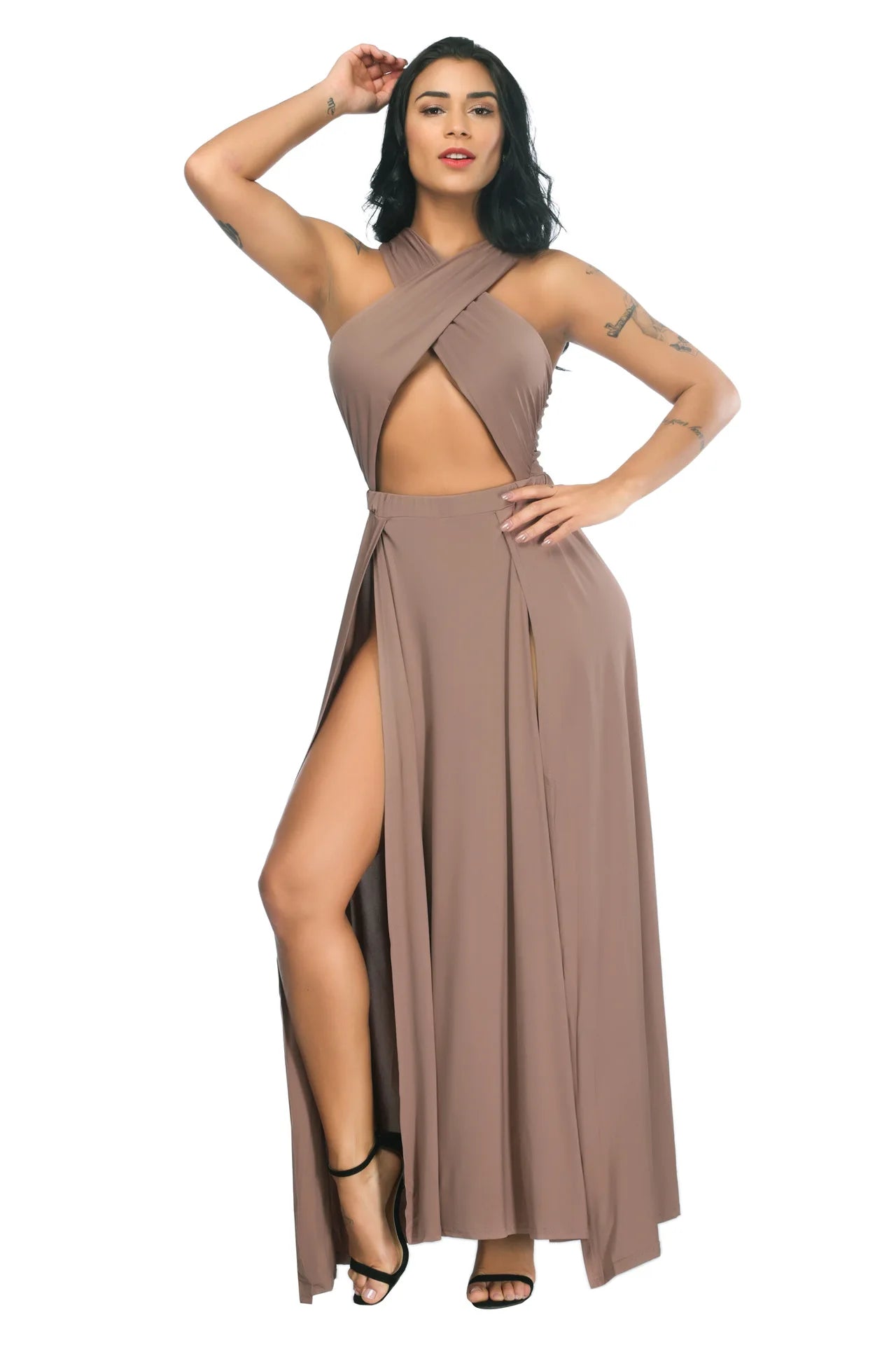 BRAND NEW S-3XL Plus Size Apricot/Black Extremely Sexy Elegant Evening Party Fashion Chubby Women Solid Criss Cross Halter Neck Dress Summer Evening Night Club Party Hollow Out Double High Split Long Dress