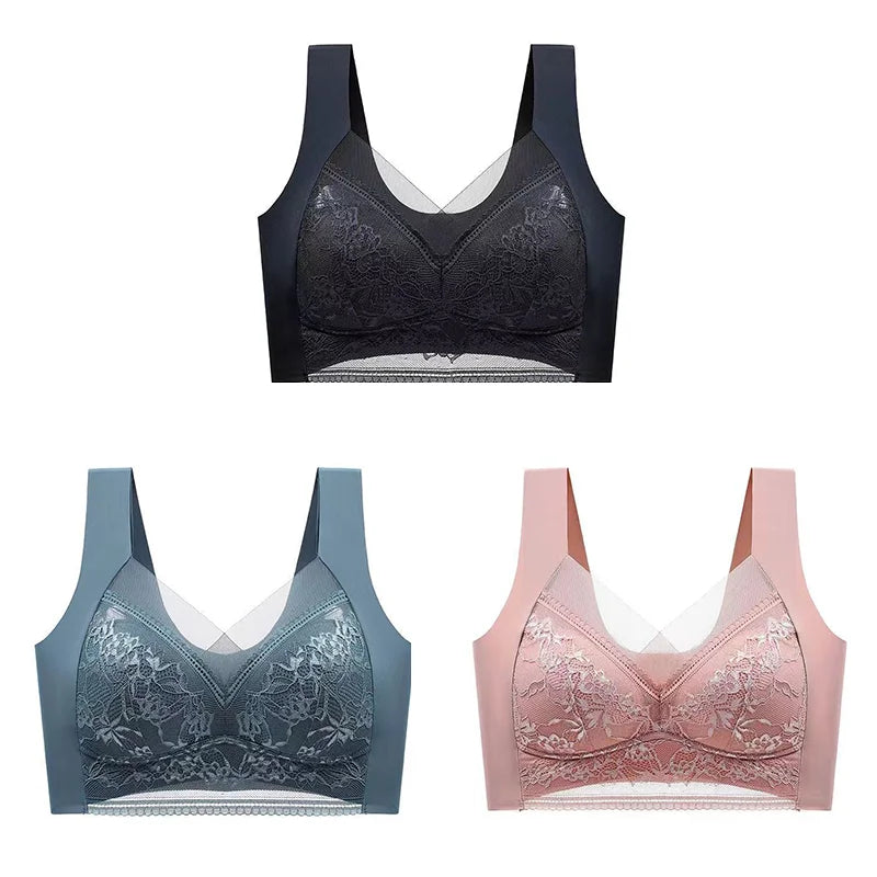 NEW Arrivals 3PCS Set L-(45-50KG) 5XL(100KG) Women Lace Bra Bralette Push Up Perspective Ice Silk Deep V Bra Sexy Lingerie Tops Plus Size Cup Mom's Underwear Chubby Ladies Underwear