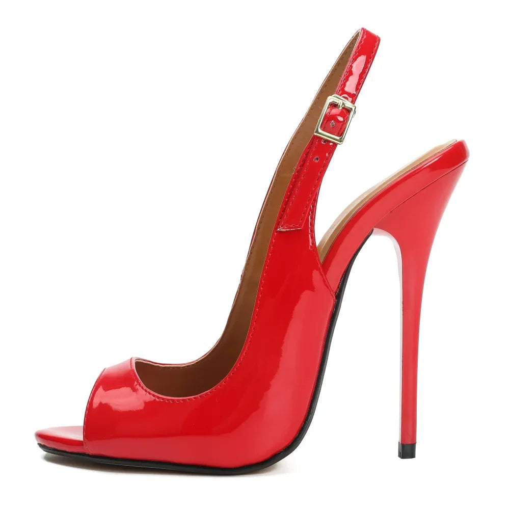 NEW Arrivals Red/Black Women Luxury Sandals Patent Leather Buckle Strap 13CM Thin High Heels Peep Toe Evening Party Night Club Wedding Birthday Shoes Female Ladies Luxury Fashion Apparel Accessories Clothing Supplies