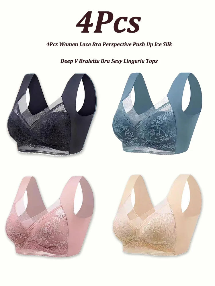 NEW Arrivals 4PCS Set L(45-50KG) -5XL(100KG) Set Women Lace Bra Perspective Push Up Ice Silk Deep V Bralette Bra Sexy Lingerie Tops Plus Size Cup Mom's Underwear