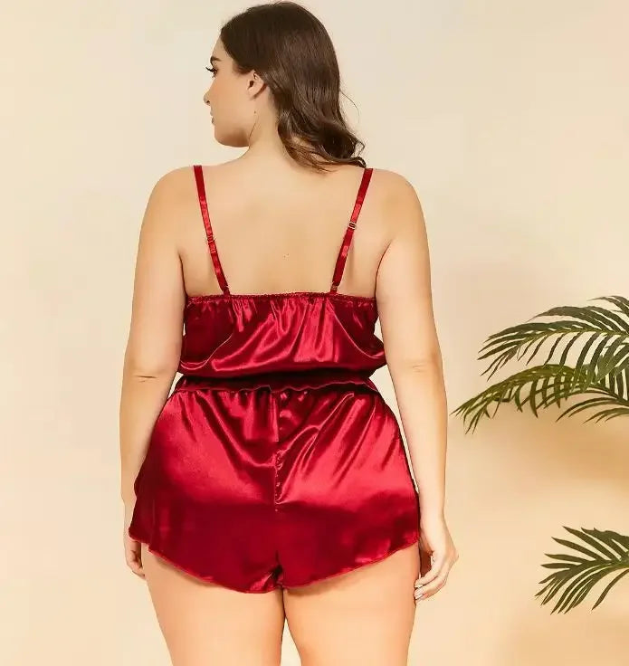 NEW Arrivals 2PCS Set XL-5XL Plus Size Chubby Women Sexy Hollow out Strap Backless Sleepwear Comfortable Underwear V-Neck Design Breathable Material for Adults Curvy Girls Home Wear