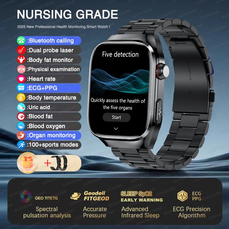 NEW Arrivals Micro Physical Examination ECG Smart Watch Women Men Uric Acid Body Fat Five Organ BP Health Watches HD Call Smart Bracelet Health Care Supplies