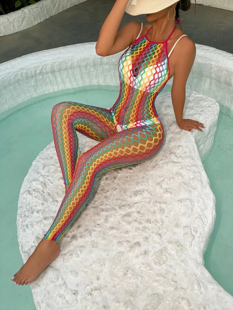 CS13 European and American Erotic Underwear Rainbow Color Hip Skirt Sleeve Set 3-piece Erotic Net
