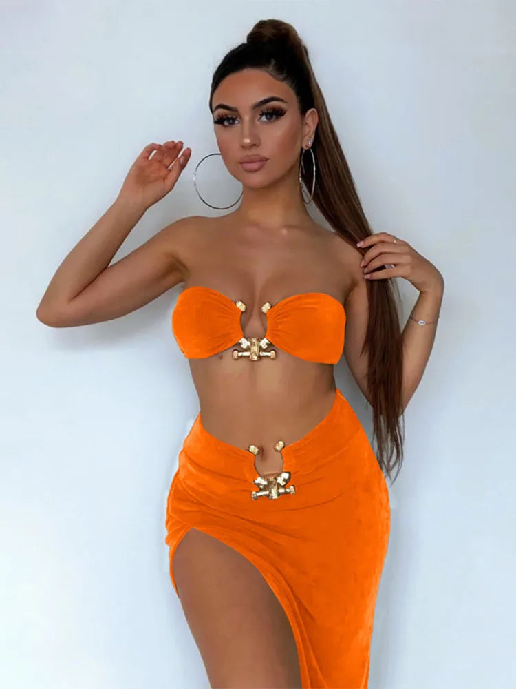 Low-Price Sales are Limited NEW 2PCS Set Velvet Sexy Strapless Crop Tube Top High Waist Slit Maxi Dress Fall Women Female Streetwear Evening Beach Party Night Club Outfit Sexy Dress Girls Ladies Luxury Fashion Clothing Suppli