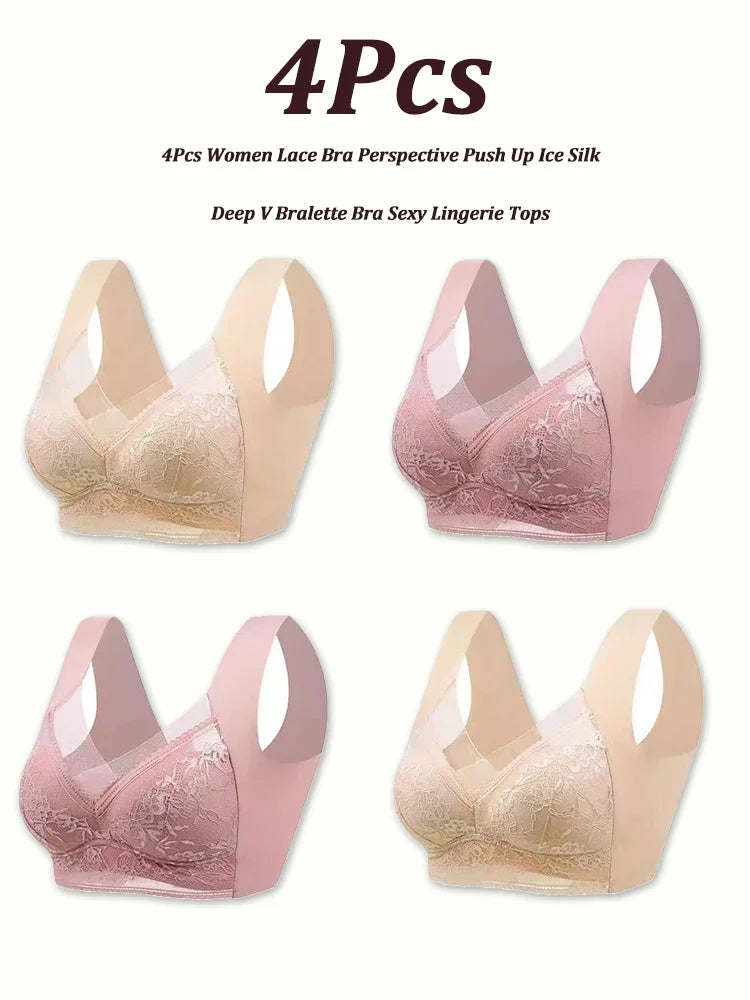NEW Arrivals 4PCS Set L(45-50KG) -5XL(100KG) Set Women Lace Bra Perspective Push Up Ice Silk Deep V Bralette Bra Sexy Lingerie Tops Plus Size Cup Mom's Underwear