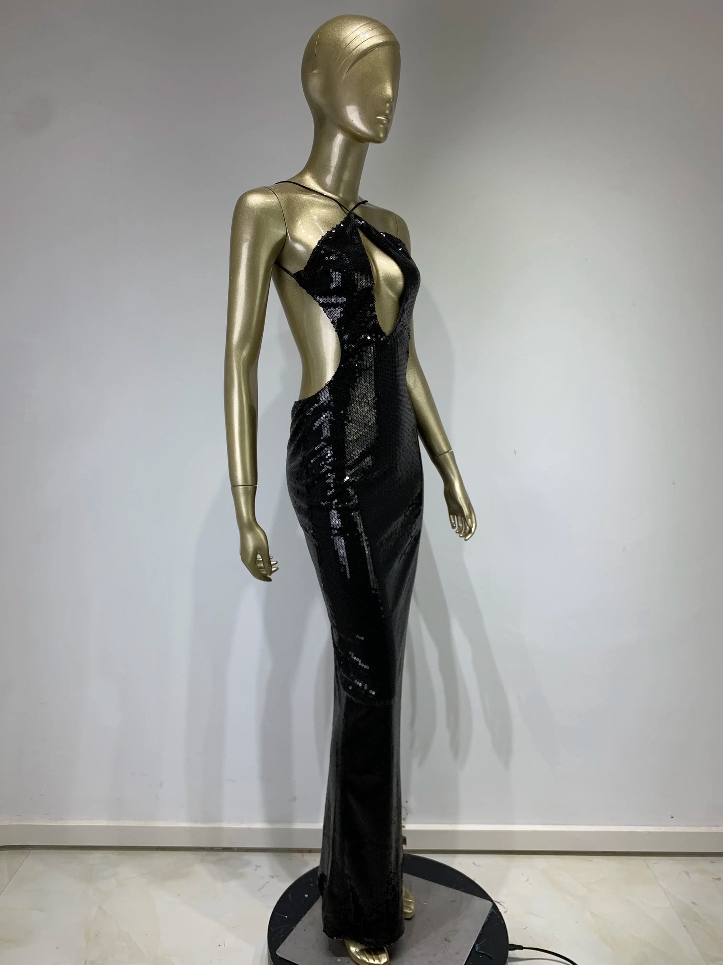 BRAND NEW UK Size Sexy Luxury Black Silk Maxi Dress Women Spring Summer Backless Halter Mesh Sequins Long Silk Gowns Dress Red Carpet Celebrity Wedding Guest Evening Party Club Dress