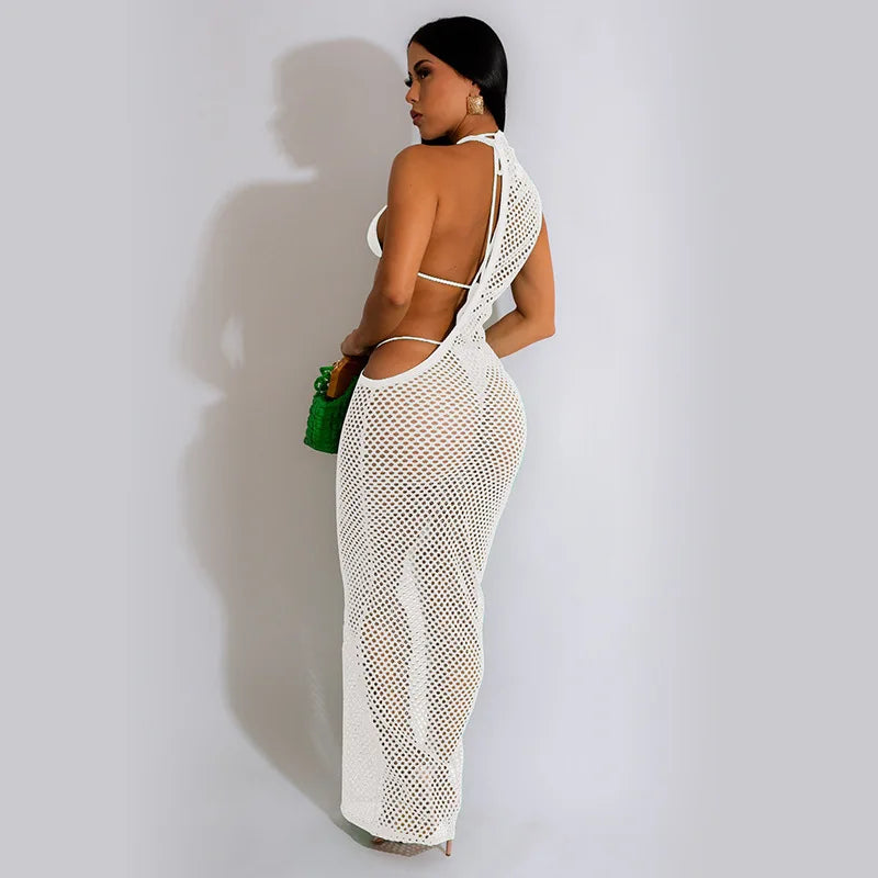 NEW Arrivals S-2XL 10 Colors/Patterns Tiger Zebra Knitted Crochet Beach Cover Ups Women Solid One Shoulder Sleeveless Long Maxi Dress Summer Sexy Hollow Out Bikini Covers Girls Ladies Beach Wear