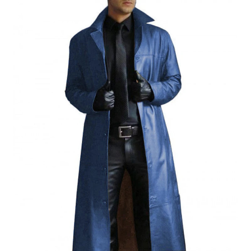 NEW Arrivals S-5XL Plus Size Men Jacket Turn-Down Collar Smooth PU Leather Men Fall Coat Windproof Streetwear Slim Fit Long Sleeve Men Trench Coat