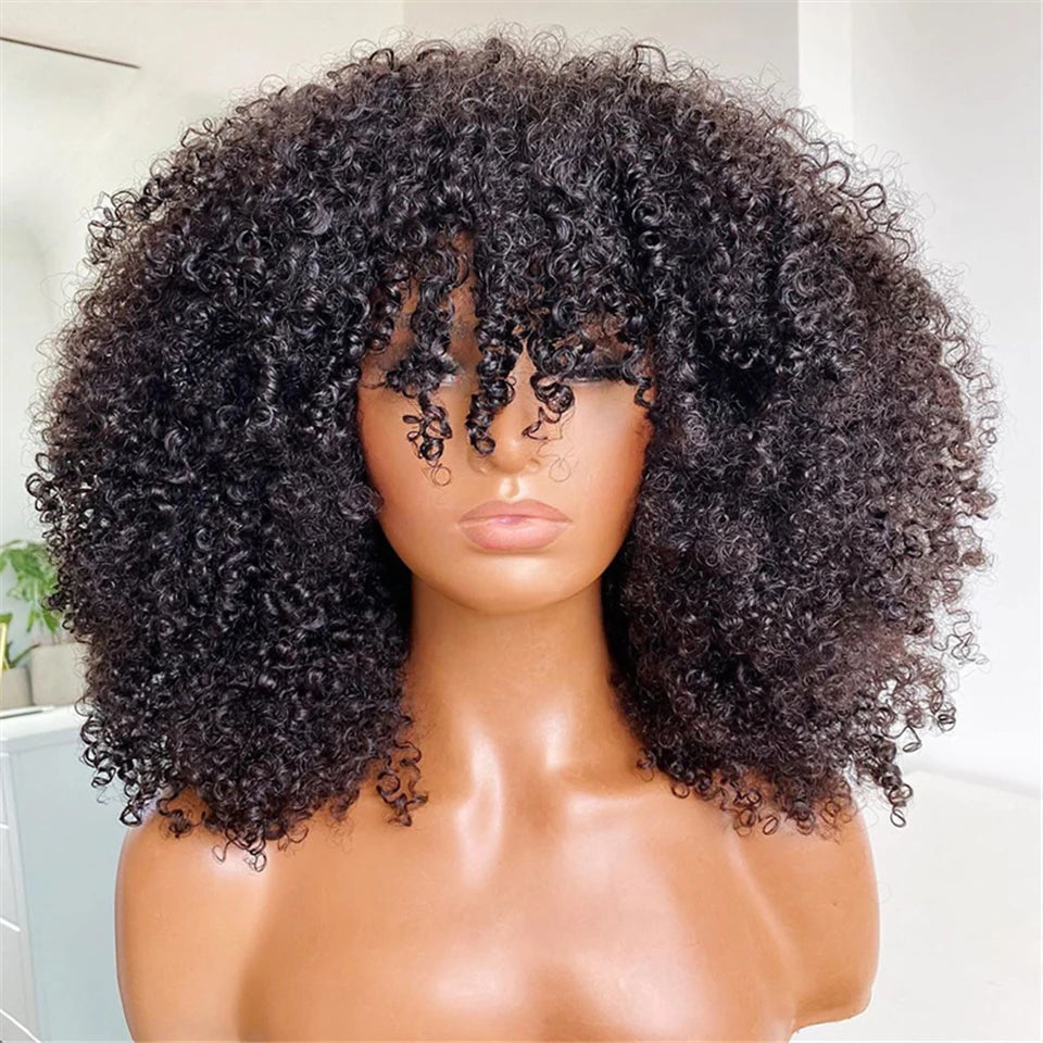 NEW Blonde and Afro Kinky Curly Bob 8-16Inc 180-250 Density Wig Human Natural Hair Machine Made Glueless Wig With Bangs Brazilian Ombre Blonde and Black Short Bob Wigs Human Hair