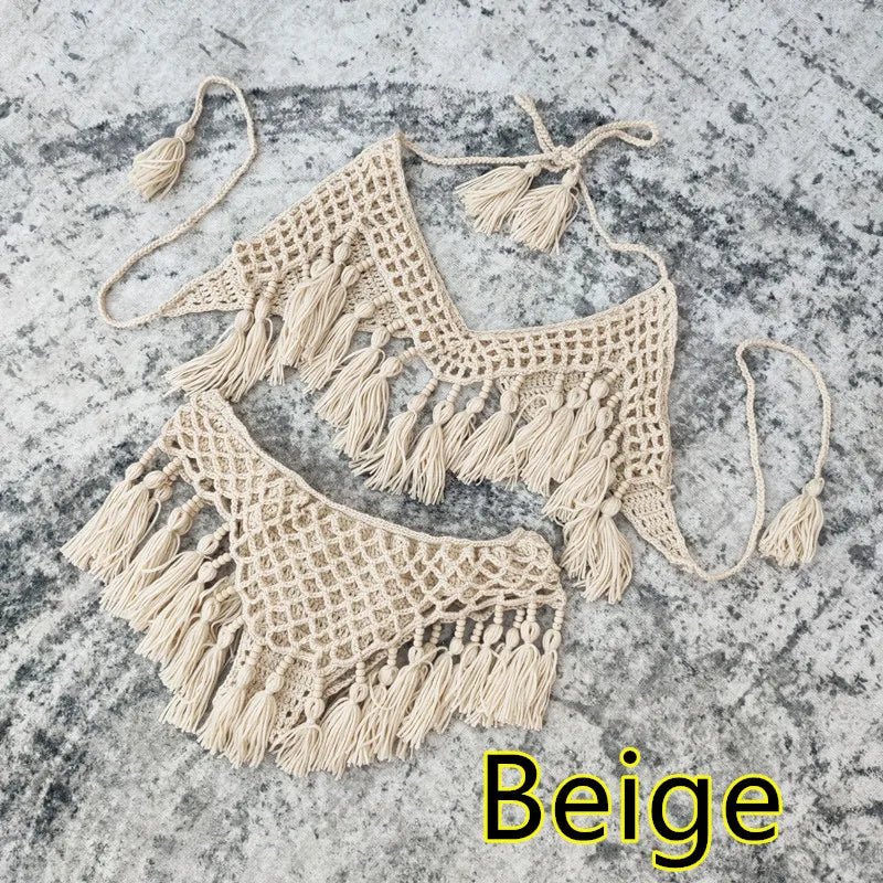 NEW Arrivals Sexy Black Crochet Bohemian Bikinis Set Women Handmade Beading Tassel Knitting Bathing Suit Swimsuit New Micro Swimwear Ladies Girls Summer Beachwear