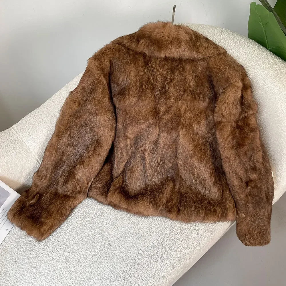 Real Natural Rabbit Fur Coat Leopard Short Jackets New Fashion Turn-Down Collar Outerwear Streetwear Leopard Winter Jacket Women Thick Warm Elegant Coat Female Girls Winter Luxury Fashion Clothing Products