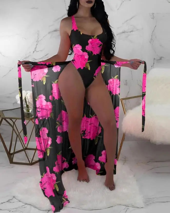 NEW Arrivals 2PCS Set Women Sexy U-Neck Floral Swimsuit with Cover Up New Fashion Summer Beach Vacation Casual Clothes