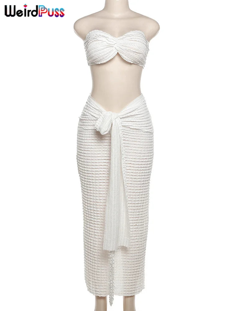 Elegant Women 2 Piece Set Midnight Thin Striped Knot Strapless Tops+Bandage Skirts Vacation Matching Clubwear