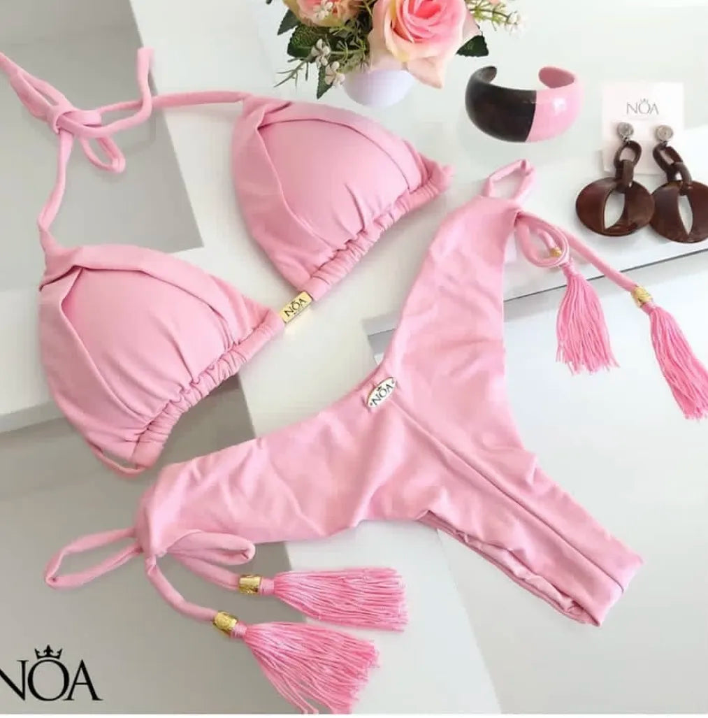 New Sexy Triangle Bathing Suit for Women Brazilian Bikinis Halter Swimwear Push Up Swimsuit Metal Chain Beach Bikini Set
