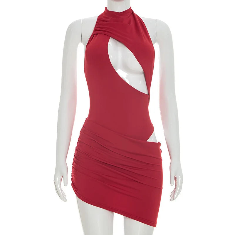 Black/Red Color New in Hollow Out Sexy Women Dress Summer Elegant Ladies Ruched Backless Cute Classy Mini Dresses Bodycon Party Red Short Dress