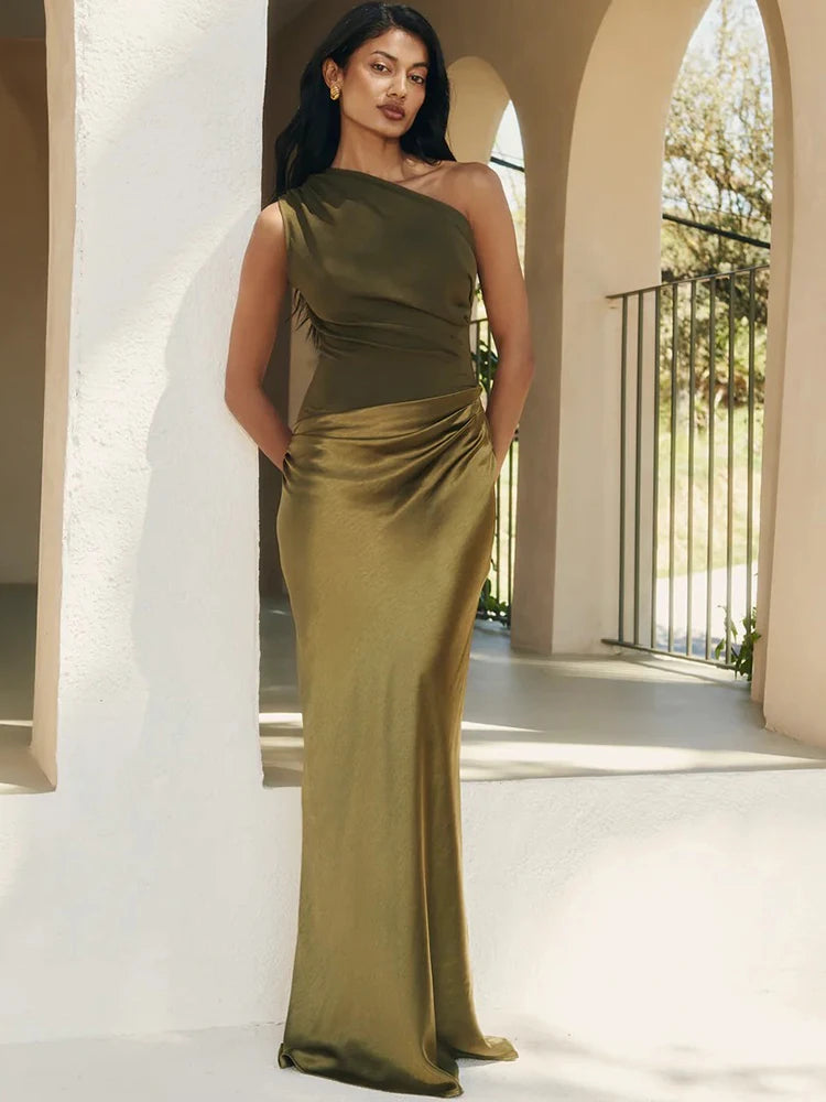 NEW Arrivals 4 Colors Patchwork Backless Satin Sexy One Shoulder Women Maxi Dress Sleeveless Evening Dress Summer Slim Elegant Party Clubwear