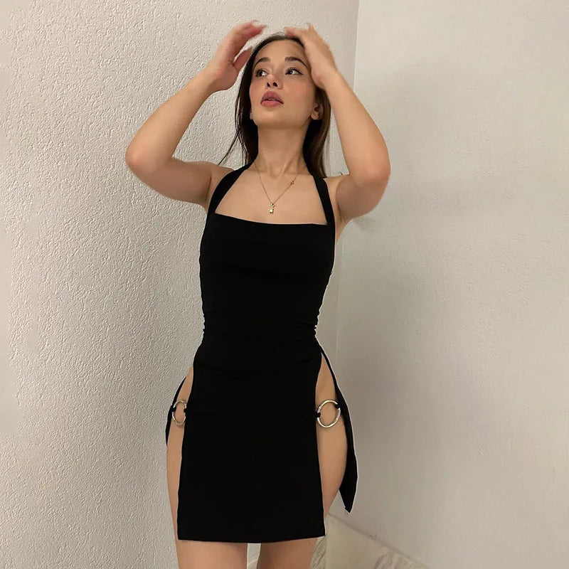 NEW Arrivals 6 Colors Summer Sexy Halter Mini Dress Y2K Women Sleeveless Strap Streetwear Backless Split Black Dress Party Elegant A-LINE New Dresses Evening Party Night Clubwear Mini Dress
