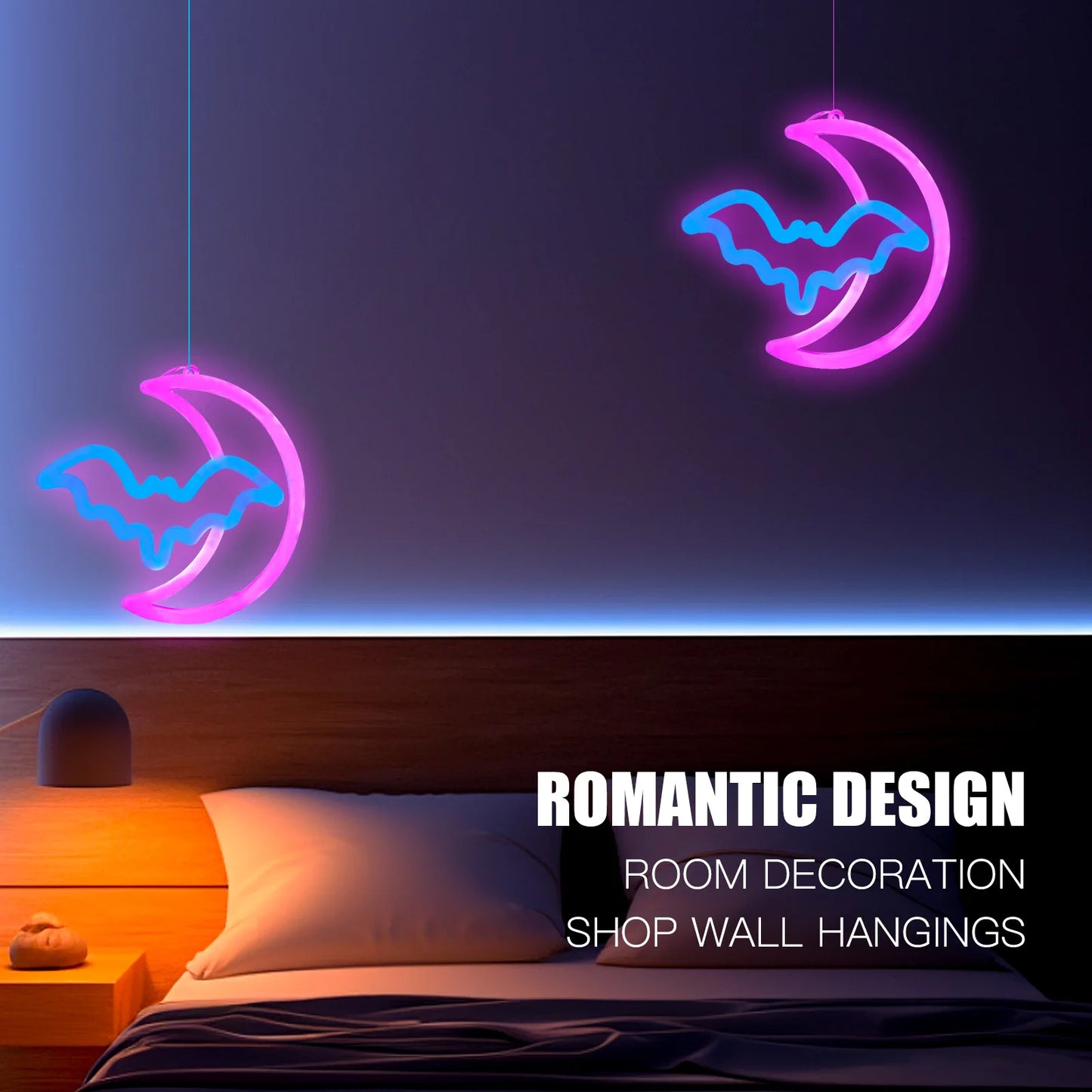 NEW Arrivals 1PC Moon Bat NEON Light, LED Wall Sign, Battery/USB Powered, for Bedroom, Party, Wedding, Birthday Game Room (Batteries Excluded) Home Romantic Decoration Accessories