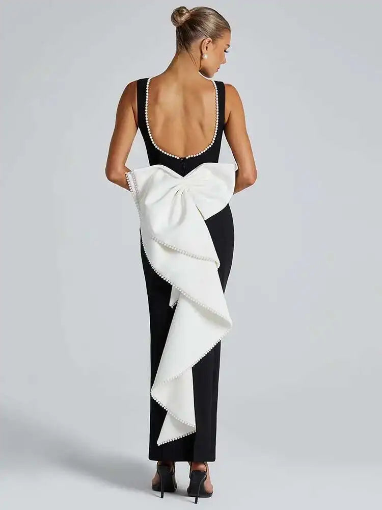 NEW Elegant Pearl Bow Backless Sexy Maxi Dress Women Gown Fashion Sleeveless High Waist A-Line Club Party Long Dress