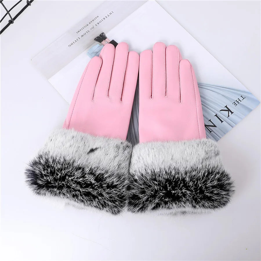 New Arrivals Women's Luxury Real Sheepskin Leather Gloves With Real Natural Rabbit Fur Cuffs Female Formal Evening Party Business Dinner Warm Gloves Fleece Lining Touch Screen Gloves Ladies Luxury Fashion Apparel Accessories