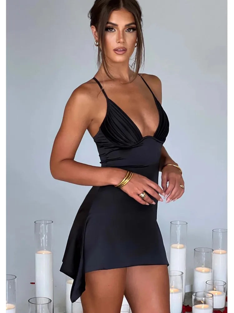 NEW Arrivals UK Size 5 Colors Sexy Satin Mini Dress Ladies Summer Evening Beach Party Night Club New V-neck Backless Solid Color Suspender Party Dresses Girls Fashion Mini Dress