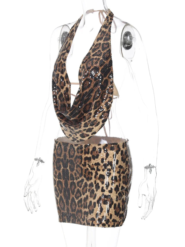 NEW Arrivals 2PCS Set UK Size Sexy Hot Girls Glitter Leopard Draped Sequins Crop Top And Skirt Set Dress Glitter Sequin Festival Outfits Ladies Spring Summer Evening Beach Party Night Clubwear