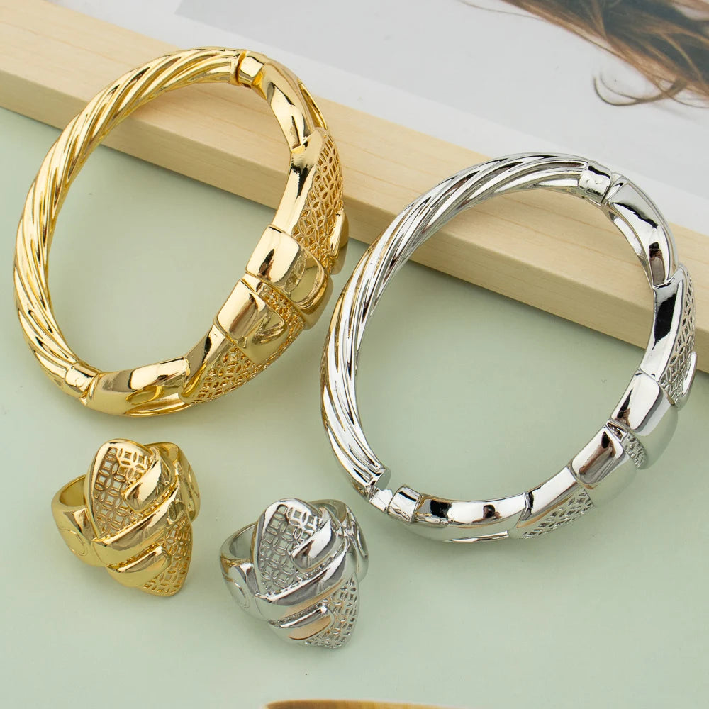 NEW 4PCS Set 18K Gold Plated Silver Cuff Bangle With Ring For Women Bracelet Jewelry Nigerian Wedding Party Gift Dubai Hollow Out Design Bracelet African Ladies Luxury Jewelry Sets
