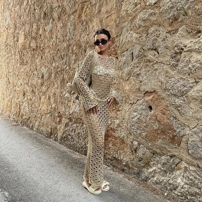 NEW Arrivals 3 Colors Crochet Maxi Dress Women Sexy Long Sleeve Hollow Out Backless Bikini Cover Ups for Swimwear Summer Holiday Bathing Suits