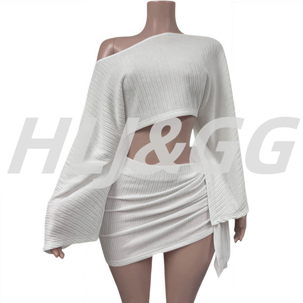 NEW 2PCS Set S-2XL 4 Colors Elegant Off Shoulder Sexy Outfits Woman Summer One Shoulder Flared Sleeve Loose Crop Top and Skirt Suit Streetwear Summer Beach Bar Nightclub Suit