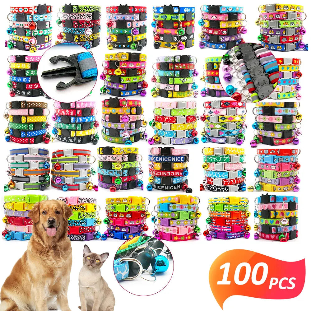 NEW 100PCS Set Dog Collar With Bells Adjustable Customize Necklace Puppy Kitten Collar Accessories Pet Shop Products Rabbit Cats Neck Strap Collar Pets Safety Supplies